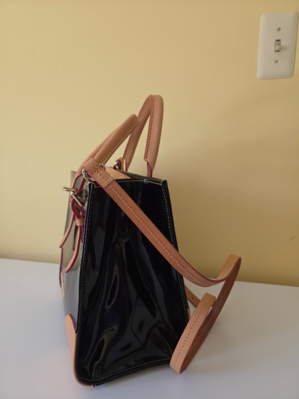 Dooney & Bourke Patent Leather Satchel Crossbody Black Red Interior - Picture 7 of 16